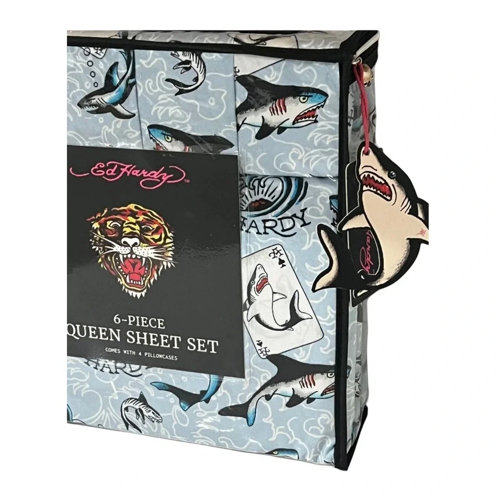 Ed Hardy Queen Blue Sheet Set 6pc Surf Shark Cards Tattoo Grunge Y2K Surfer NWT